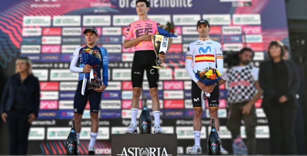 Podio del Gran Piemonte 2024: 1. N.Powless, 2. C.Strong, 3. A.Aranburu