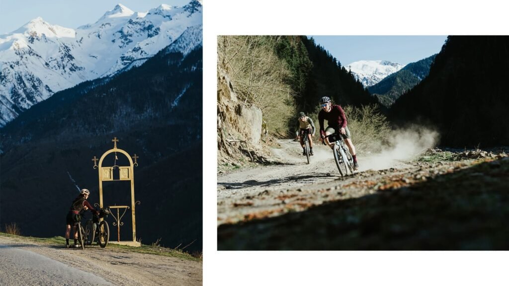 Collage de imagenes con ciclistas vestidos de Santini haciendo gravel
